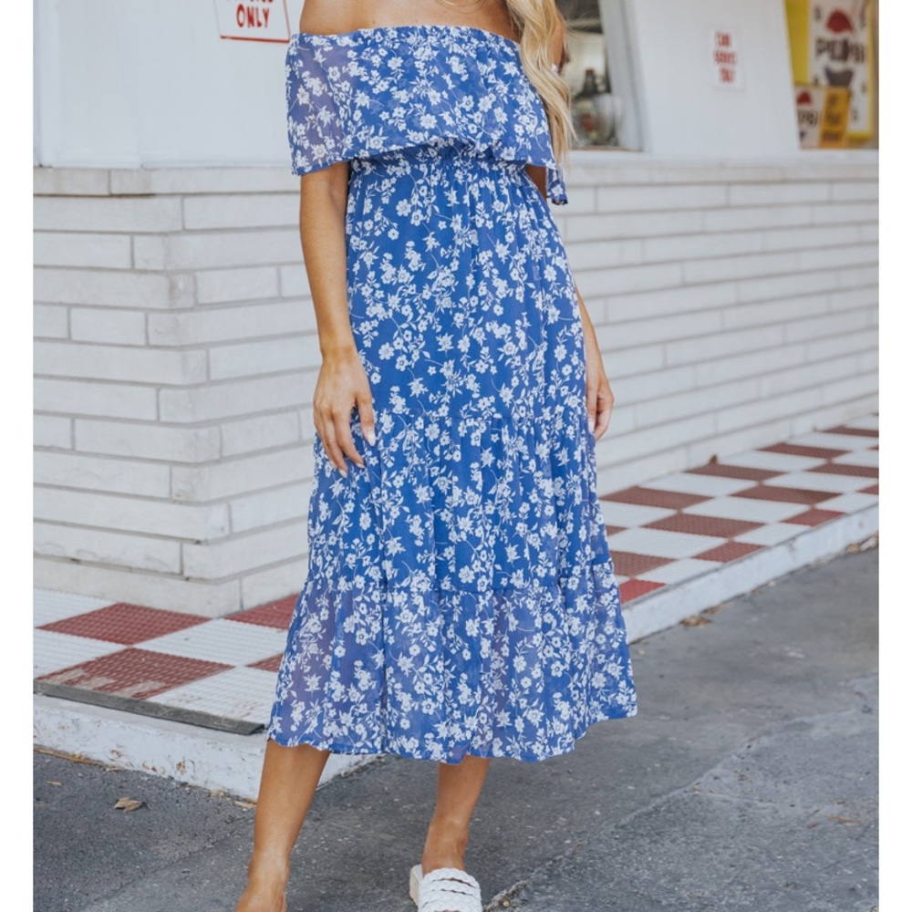 Cool Blue Floral Off-The Shoulder MIDI DRESS